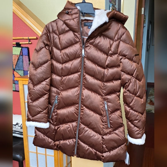 NWT Laundry by Shelli Segal puffer jacket with hood in cognac size medium - Picture 5 of 16